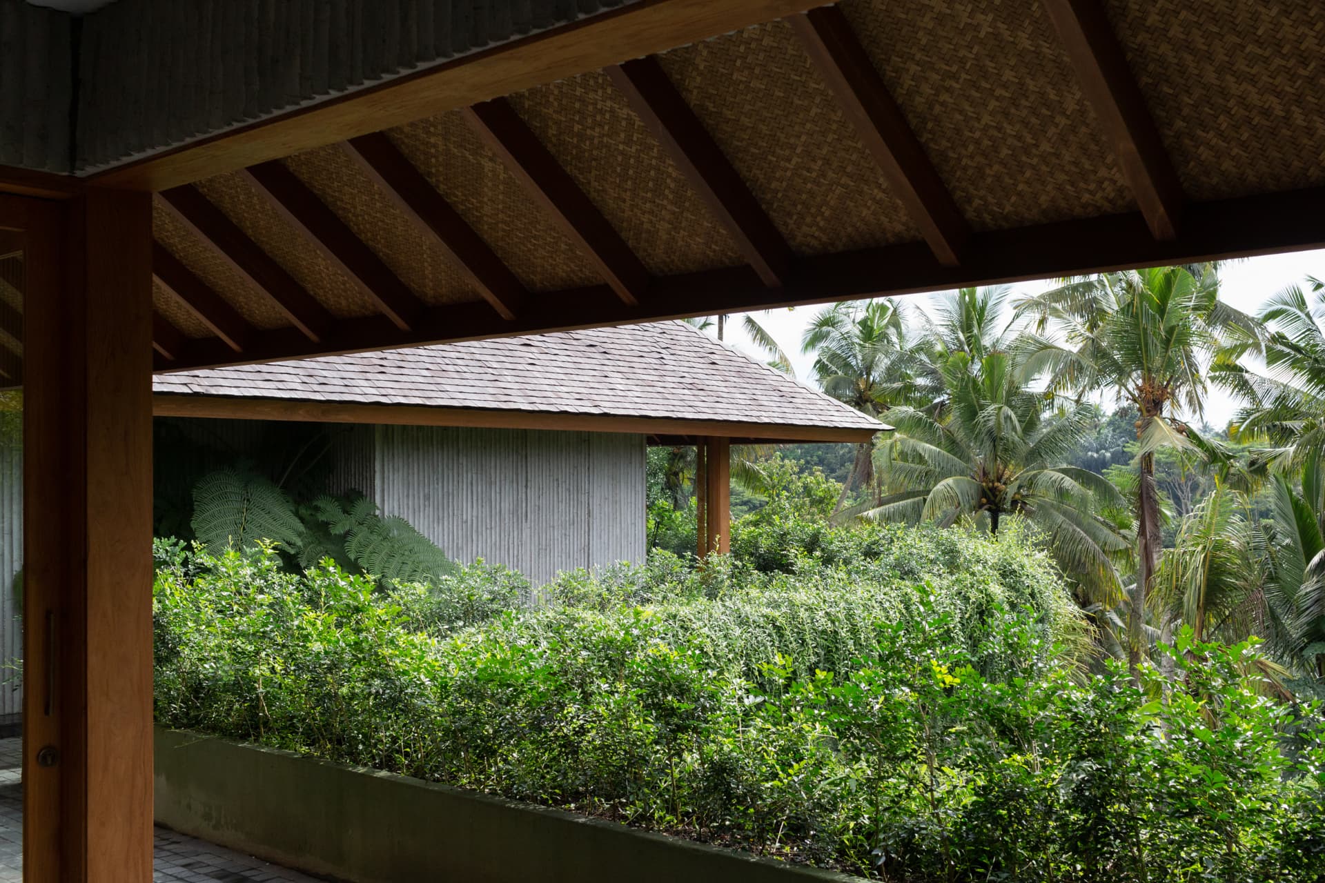Woven bamboo ceiling and shingle roof over a garden