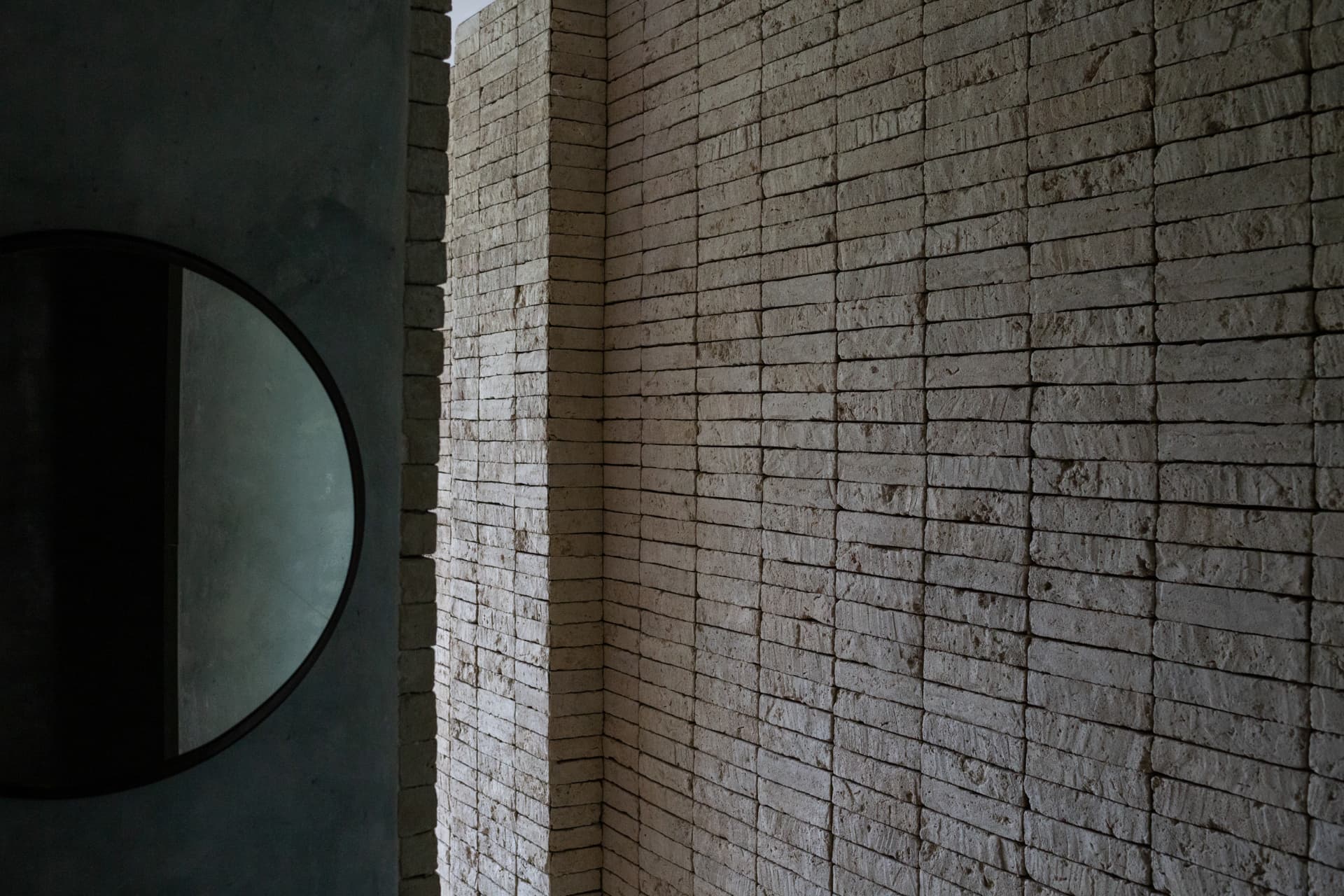 Spa detail of stacked limestone brickwork