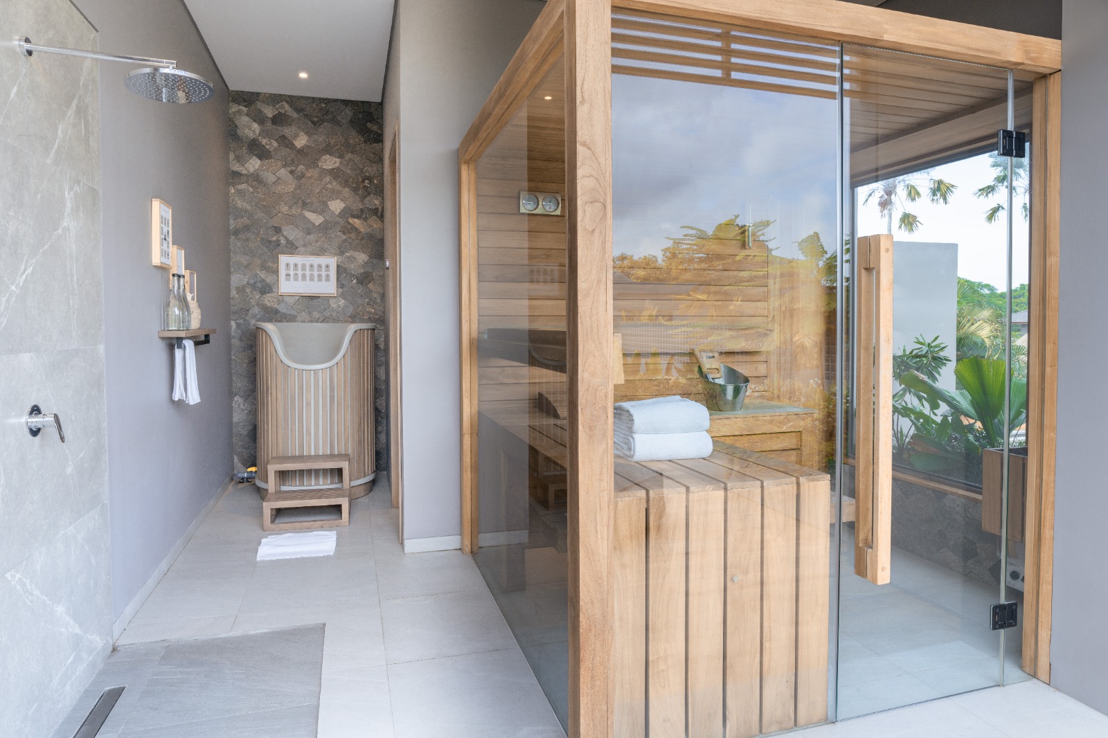 Bathroom with ice bath and teak sauna