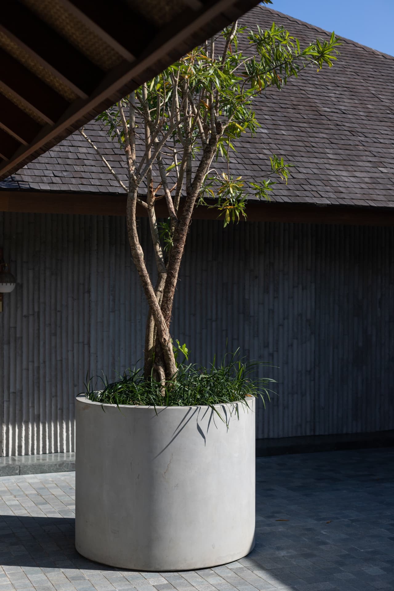 Shingle roof, bamboo-formed wall and cast planter