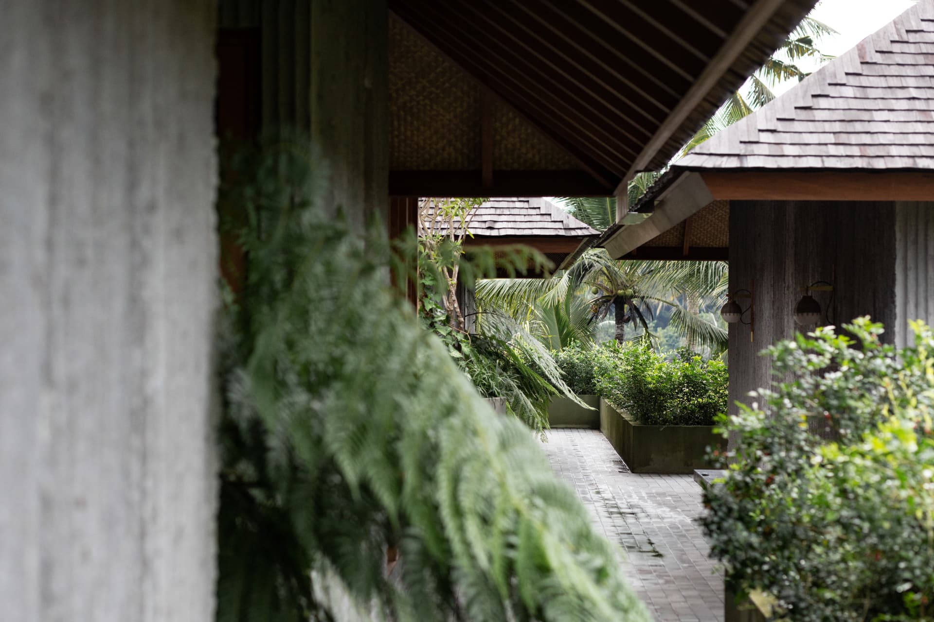 Shingle roofs and a walkway between pavilions