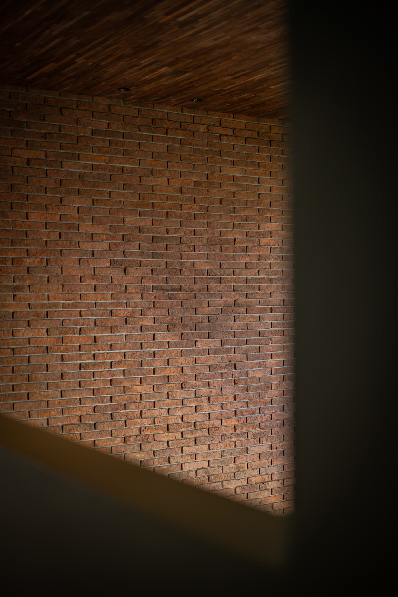 Brick wall detail under a timber shingle ceiling