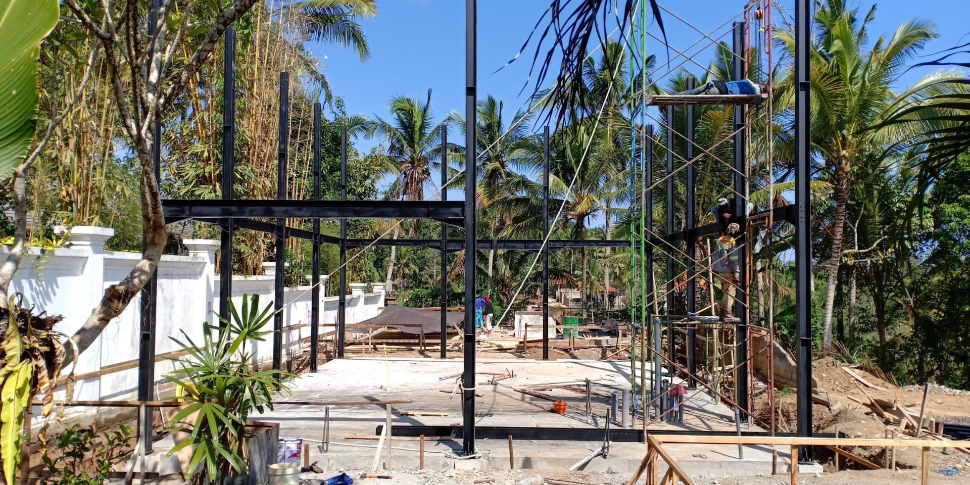 Steel roof frame structure on a construction site