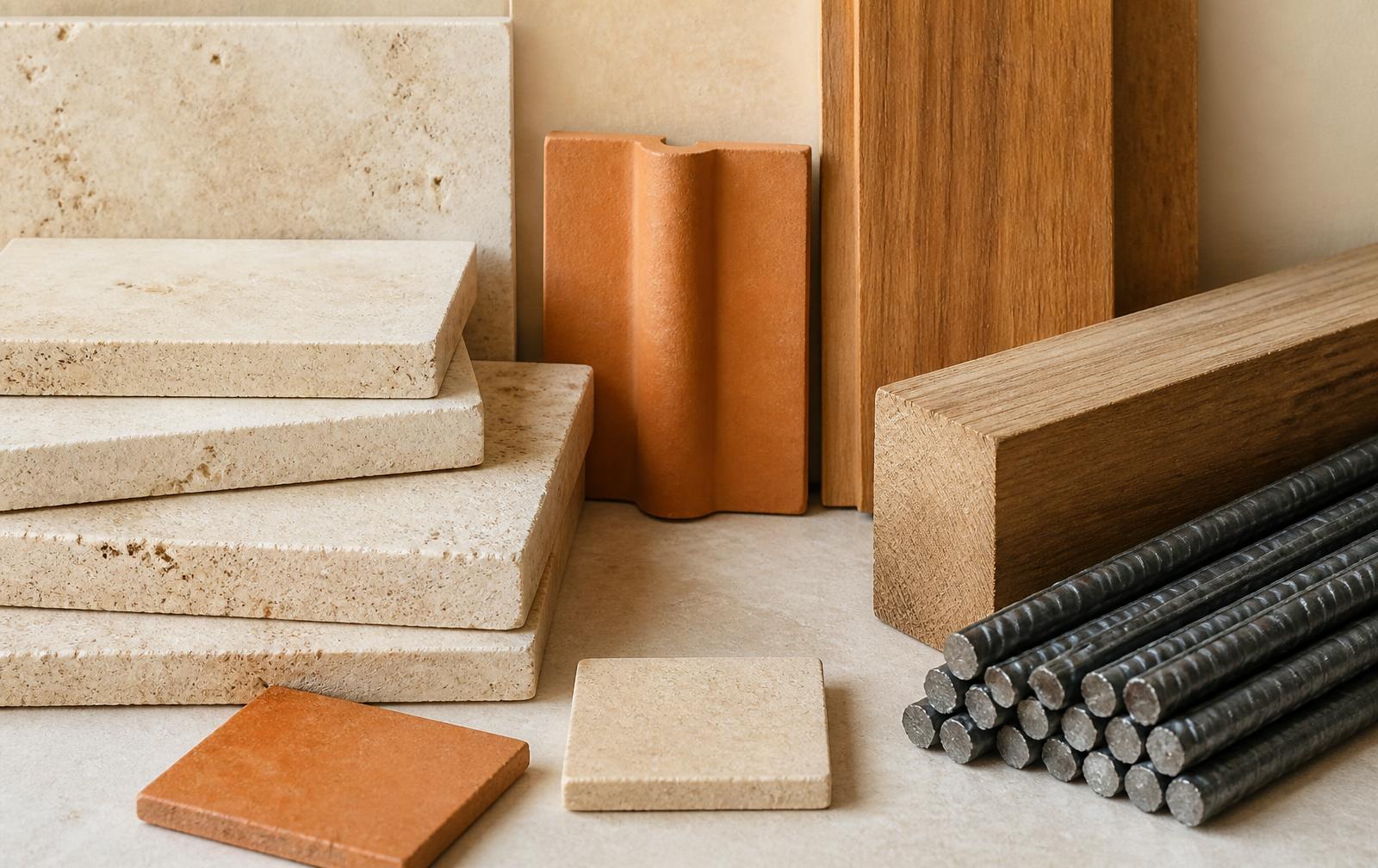 Material palette: limestone, terracotta, teak and reinforcement steel